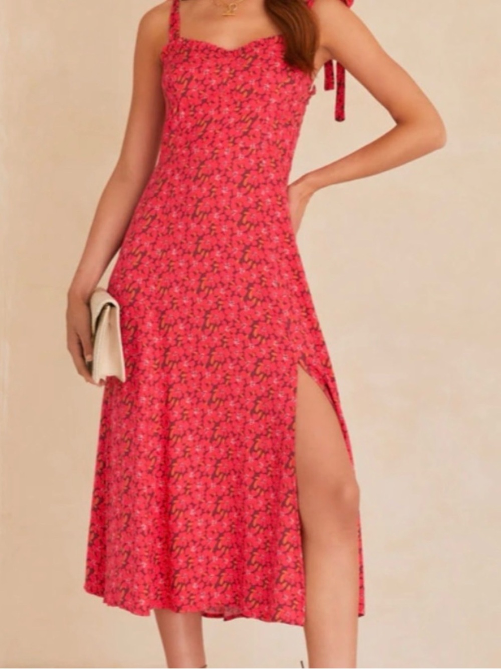 Vici Pink Floral Tie-Shoulder Midi Dress with Side Slit